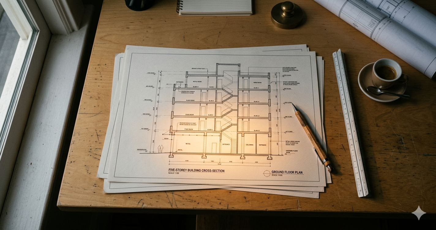 Top-down view of a desk with architectural building cross-section drawings, a pencil, and a coffee cup.